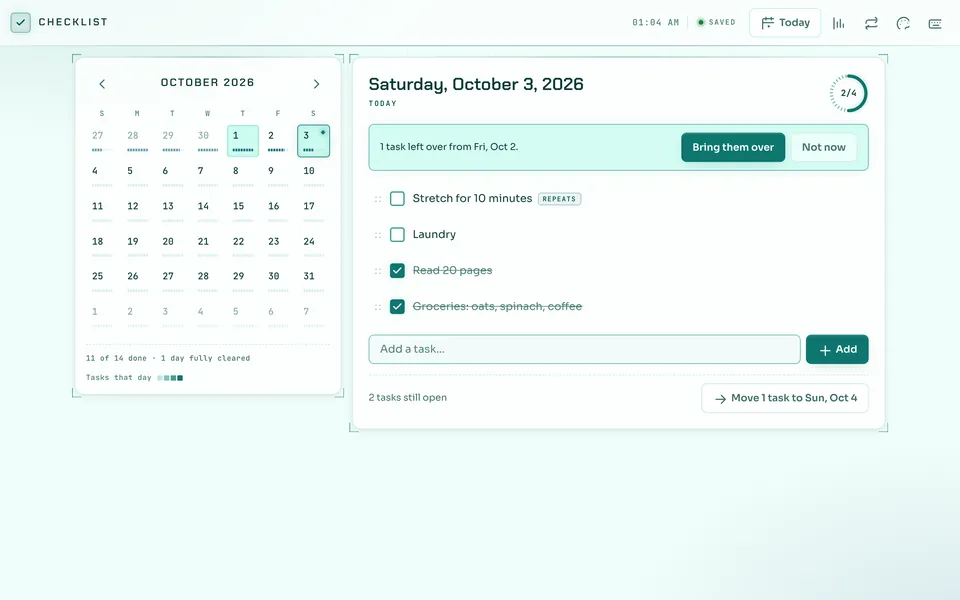 Checklist demo: the October calendar beside today's list, in the teal theme