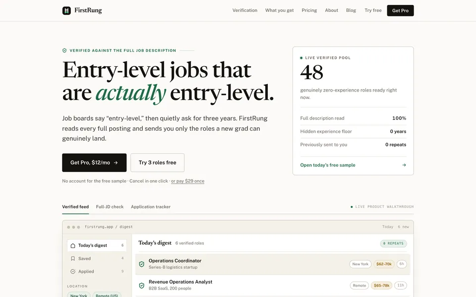 FirstRung homepage: Entry-level jobs that are actually entry-level
