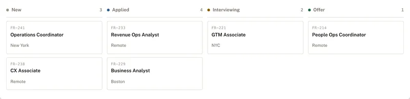 FirstRung application tracker with columns for new, applied, interviewing and offer