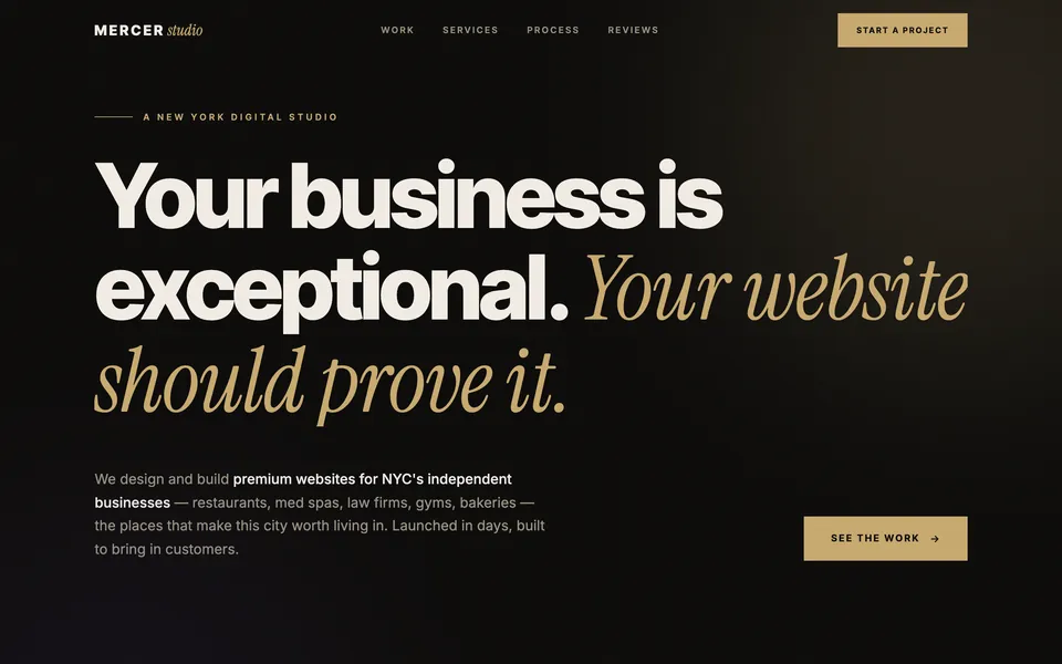 Mercer Studio homepage: “Your business is exceptional. Your website should prove it.”