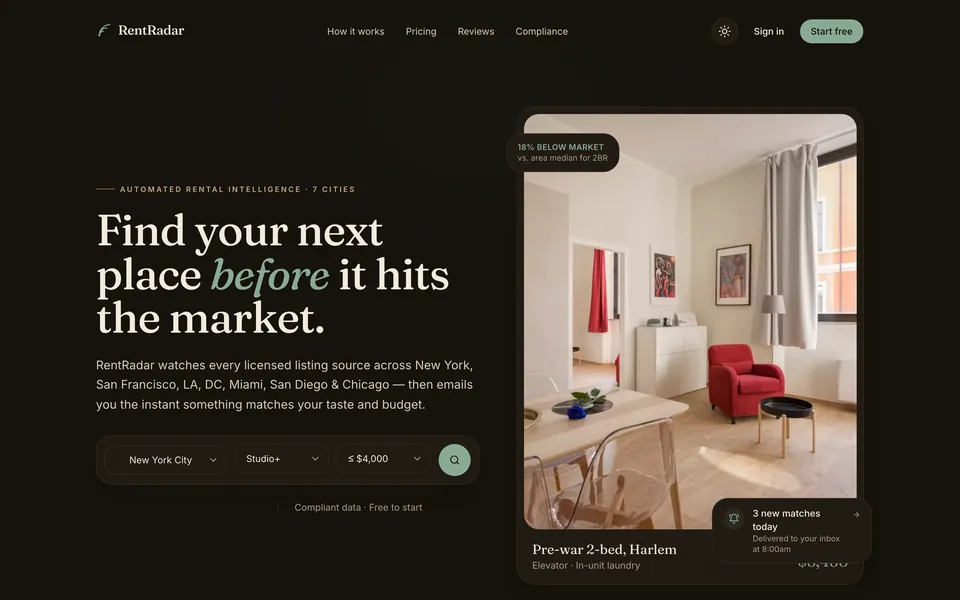 RentRadar homepage with a city, size and budget search and a featured Harlem listing