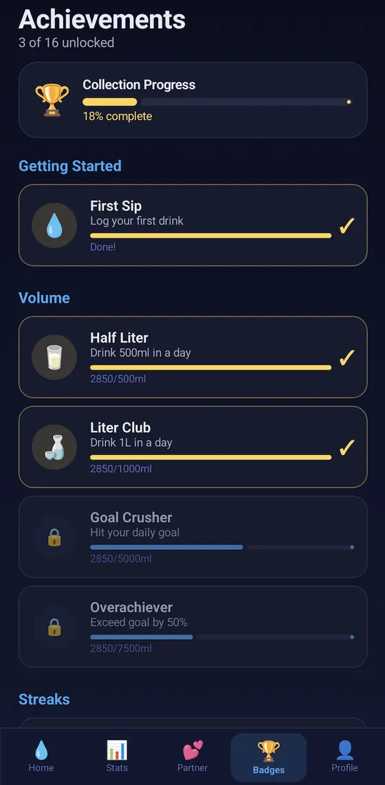 Water Tracker achievements screen