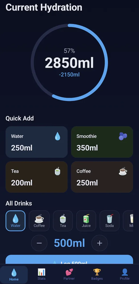 Water Tracker home screen with a hydration progress ring at 57 percent